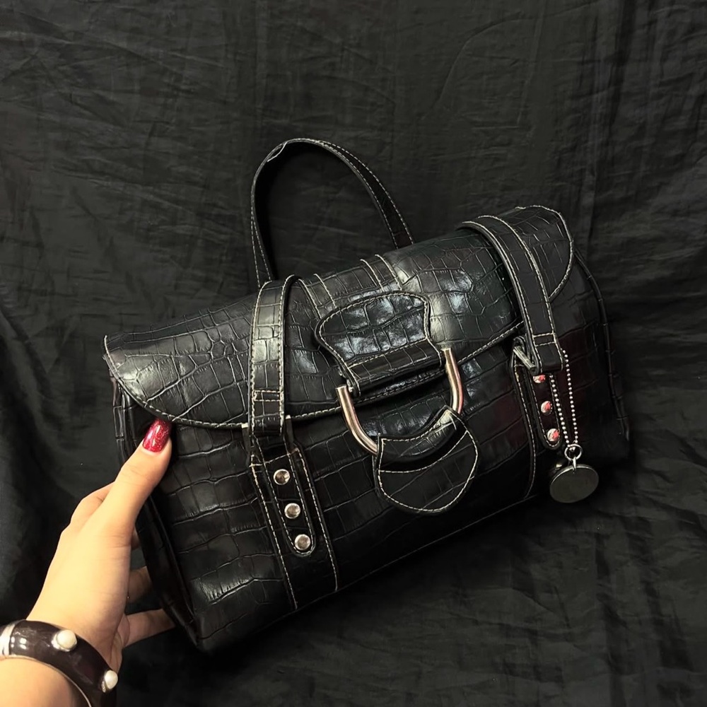 Black apostrophe Bag with Structured Design and Silver Accents